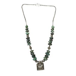 Handmade Sterling Tribal Emerald Necklace Bull Amulet Rajasthan Afghan Style